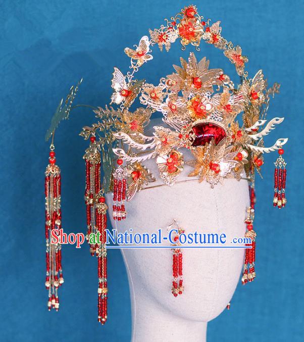 Ancient Chinese Handmade Red Crystal Phoenix Coronet Traditional Hair Accessories Xiuhe Suit Hairpins for Women