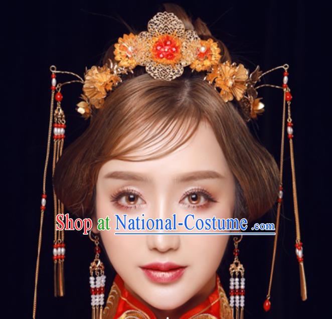 Ancient Chinese Handmade Tassel Phoenix Coronet Traditional Hair Accessories Xiuhe Suit Hairpins for Women