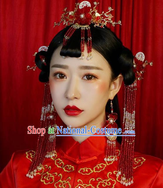 Ancient Chinese Handmade Traditional Hair Accessories Red Beads Hair Clips Xiuhe Suit Hairpins for Women