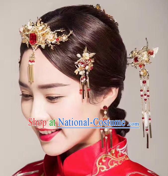 Ancient Chinese Handmade Traditional Hair Accessories Pearls Hair Clips Xiuhe Suit Hairpins for Women