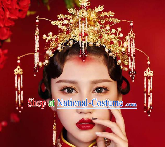 Ancient Chinese Handmade Traditional Hair Accessories Pearls Tassel Phoenix Coronet Xiuhe Suit Hairpins for Women