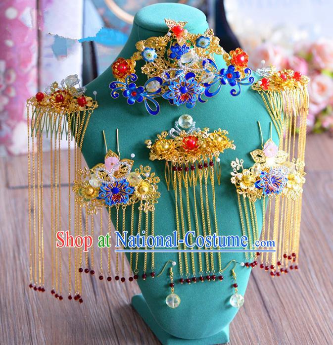 Ancient Chinese Handmade Traditional Hair Accessories Hairpins Blueing Phoenix Coronet Complete Set for Women