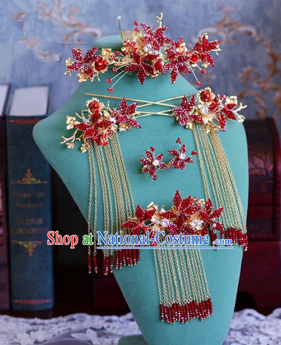 Ancient Chinese Handmade Hair Accessories Xiuhe Suit Red Beads Hair Comb Hairpins Complete Set for Women