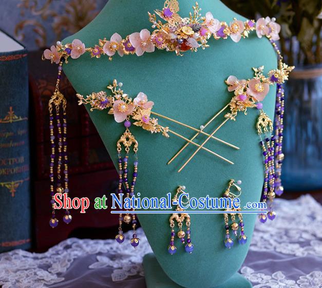 Ancient Chinese Handmade Traditional Hair Accessories Pink Flowers Phoenix Coronet Hairpins Complete Set for Women