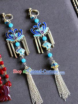 Top Grade Chinese Handmade Wedding Earrings Accessories Bride Blueing Lotus Eardrop for Women