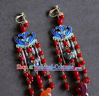 Top Grade Chinese Handmade Wedding Red Beads Tassel Earrings Accessories Bride Blueing Lotus Eardrop for Women