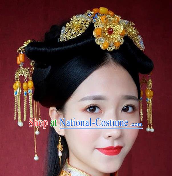 Ancient Chinese Handmade Classical Hair Accessories Xiuhe Suit Jade Hairpins Complete Set for Women