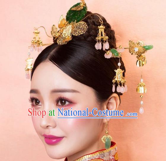 Ancient Chinese Handmade Classical Hair Accessories Jade Hair Clip Xiuhe Suit Hairpins Complete Set for Women