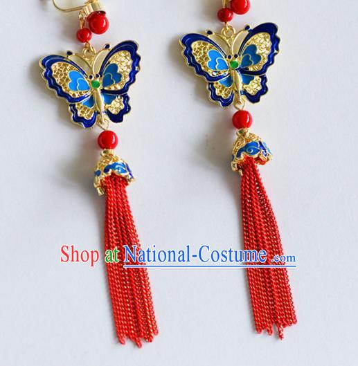 Top Grade Chinese Handmade Wedding Blue Butterfly Tassel Earrings Accessories Bride Eardrop for Women