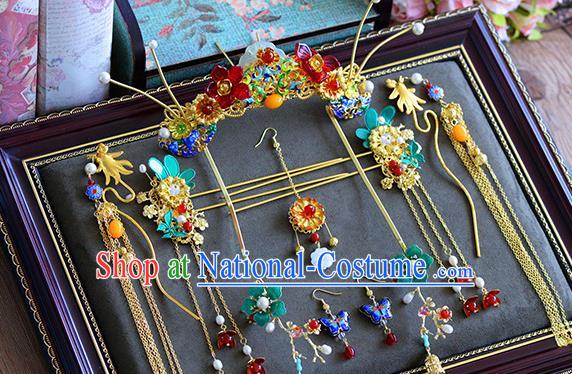 Ancient Chinese Handmade Hair Accessories Xiuhe Suit Hairpins Jade Tassel Step Shake Complete Set for Women