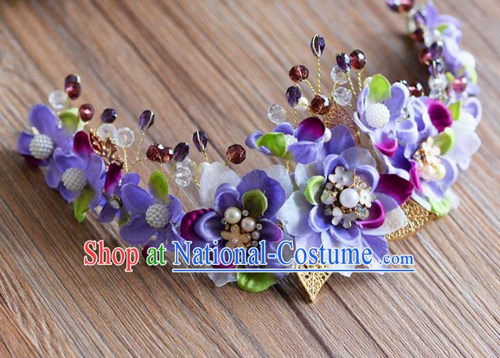 Top Grade Handmade Hair Accessories Baroque Purple Flowers Garland Royal Crown Headwear for Women