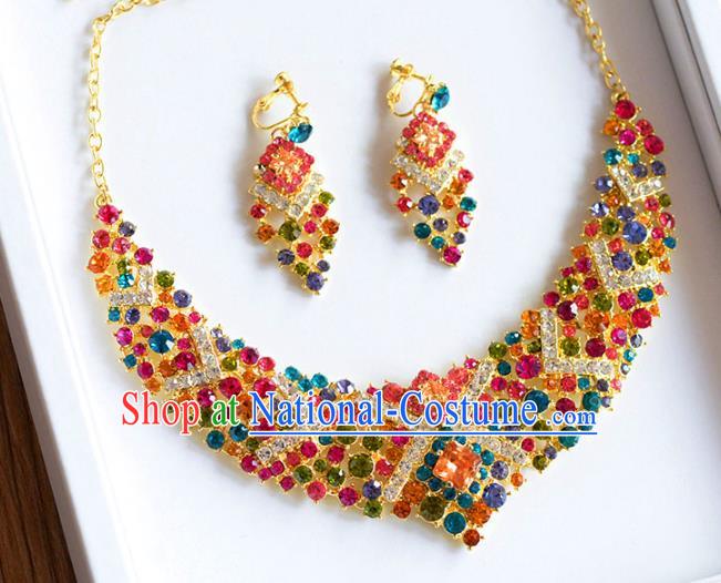 Top Grade Handmade Wedding Accessories Bride Colorful Crystal Necklace and Earrings for Women