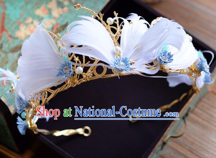 Top Grade Handmade Hair Accessories Baroque White Feather Royal Crown Headwear for Women