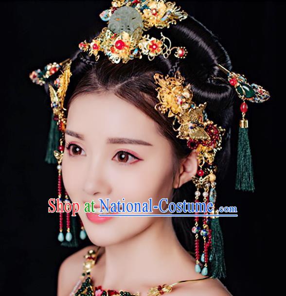 Ancient Chinese Handmade Classical Hair Accessories Palace Phoenix Coronet Jade Hairpins Complete Set for Women