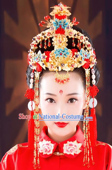 Ancient Chinese Handmade Classical Hair Accessories Palace Bride Tassel Phoenix Coronet Hairpins Complete Set for Women