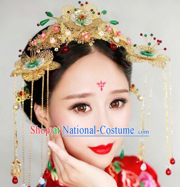 Ancient Chinese Handmade Classical Hair Accessories Palace Bride Tassel Phoenix Coronet Hairpins Complete Set for Women