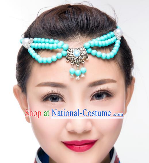 Traditional Chinese Mongol Nationality Dance Hair Accessories, Mongolian Minority Blue Beads Tassel Headwear for Women