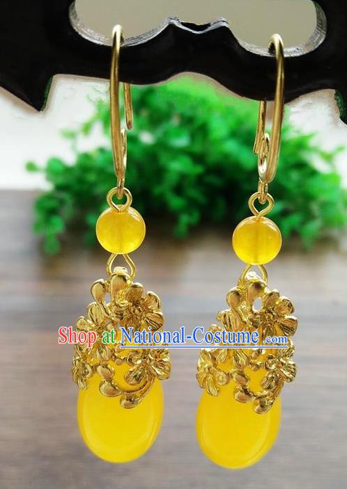 Top Grade Chinese Handmade Wedding Accessories Hanfu Palace Turmeric Jade Brass Earrings for Women