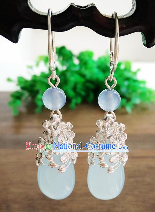 Top Grade Chinese Handmade Wedding Accessories Hanfu Palace Blue Jade Brass Earrings for Women