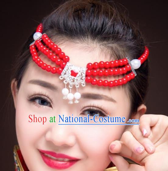 Traditional Chinese Mongol Nationality Dance Hair Accessories, Mongolian Minority Red Beads Hair Clasp Headwear for Women