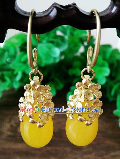 Top Grade Chinese Handmade Wedding Accessories Brass Eardrop Hanfu Yellow Jade Earrings for Women