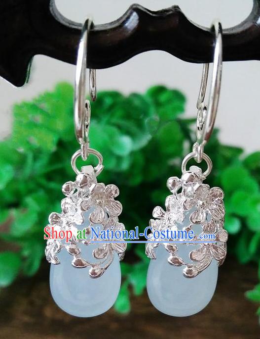 Top Grade Chinese Handmade Wedding Accessories Brass Eardrop Hanfu Blue Jade Earrings for Women