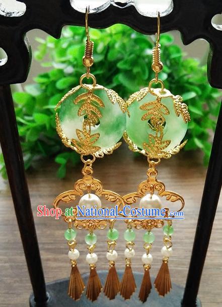 Top Grade Chinese Handmade Wedding Accessories Jadeite Jade Eardrop Hanfu Earrings for Women