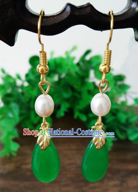 Top Grade Chinese Handmade Wedding Accessories Jadeite Jade Eardrop Hanfu Pearl Earrings for Women