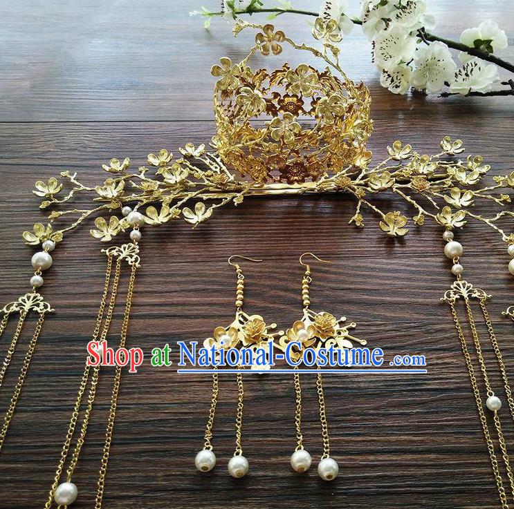 Ancient Chinese Handmade Classical Hair Accessories Golden Phoenix Coronet Hairpins Complete Set for Women