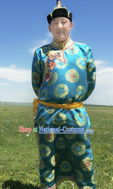 Traditional Chinese Mongol Nationality Costume Blue Mongolian Robe, Mongolian Folk Dance Clothing for Men