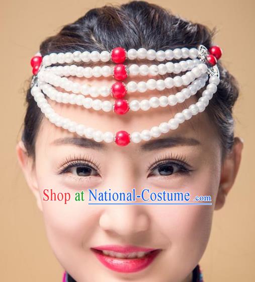 Traditional Chinese Mongol Nationality Handmade Hair Accessories, Handmade Mongolian Minority Red Beads Headwear for Women