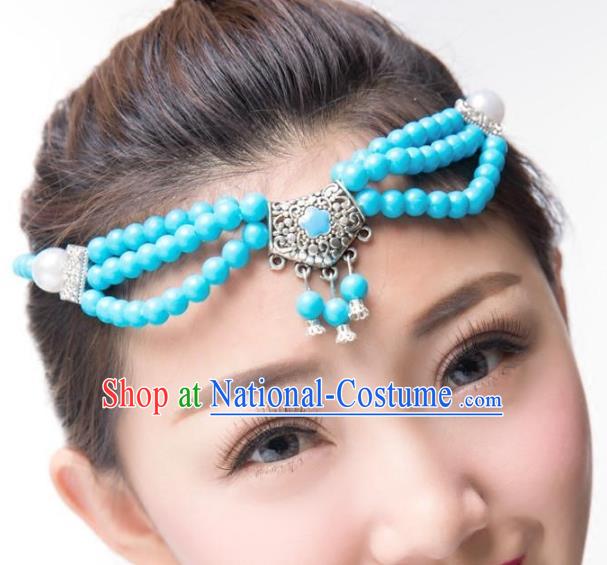 Traditional Chinese Mongol Nationality Dance Hair Accessories, Mongolian Minority Blue Beads Hair Clasp Headwear for Women