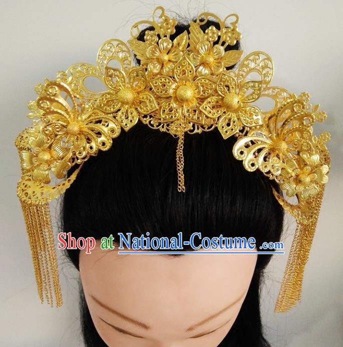 Ancient Chinese Handmade Golden Phoenix Coronet Hair Accessories Classical Tassel Hairpins for Women