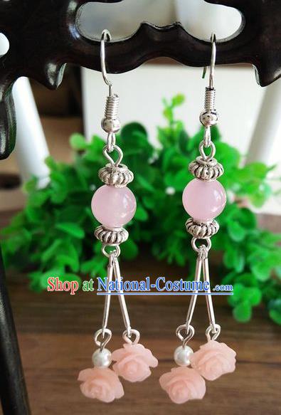 Top Grade Chinese Handmade Accessories Eardrop Wedding Hanfu Pink Beads Earrings for Women