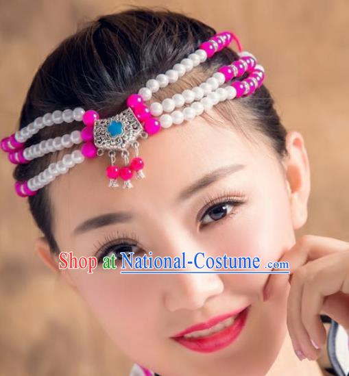 Traditional Chinese Mongol Nationality Handmade Hair Accessories, Mongolian Minority Rosy Beads Headwear for Women