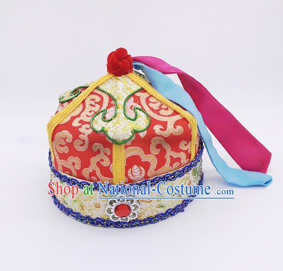 Traditional Chinese Mongol Nationality Prince Handmade Hair Accessories, Mongolian Minority Red Hats for Kids