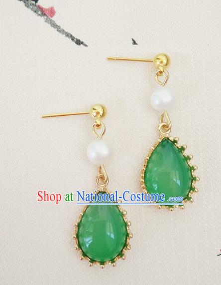 Top Grade Chinese Handmade Accessories Hanfu Eardrop Green Jade Earrings for Women