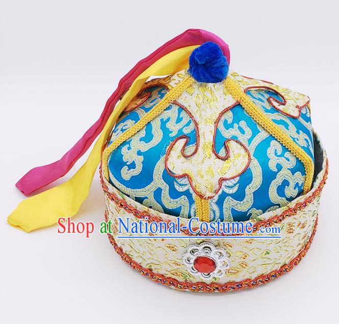 Traditional Chinese Mongol Nationality Prince Handmade Hair Accessories, Mongolian Minority Blue Hats for Kids