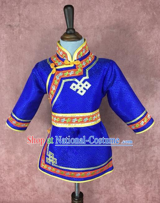 Traditional Chinese Mongol Nationality Costume Children Royalblue Mongolian Robe, Mongolian Folk Dance Clothing for Kids