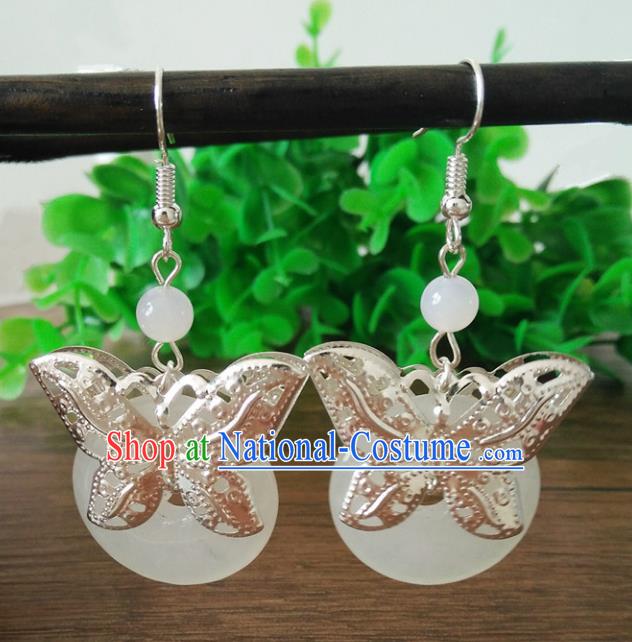 Top Grade Chinese Handmade Accessories Butterfly Eardrop Hanfu White Jade Earrings for Women