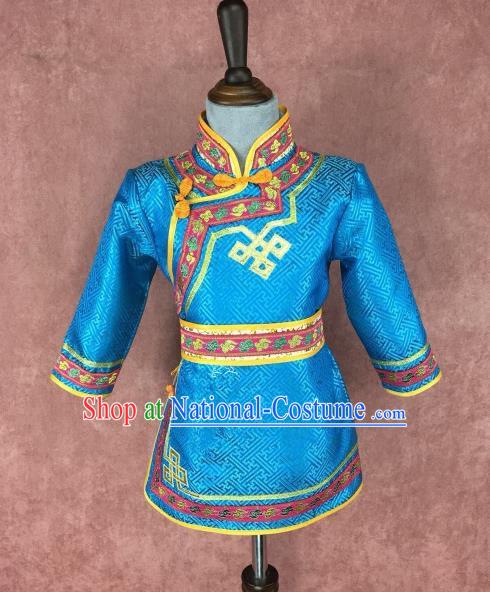 Traditional Chinese Mongol Nationality Costume Children Blue Mongolian Robe, Mongolian Folk Dance Clothing for Kids