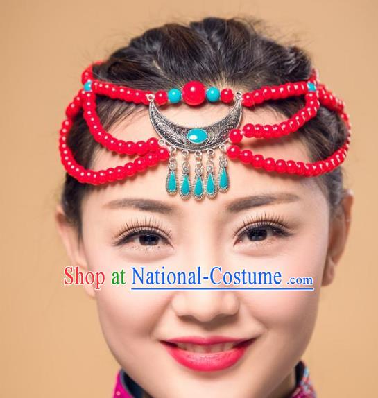 Traditional Chinese Mongol Nationality Dance Hair Accessories, Handmade Mongolian Minority Beads Hair Clasp Headwear for Women