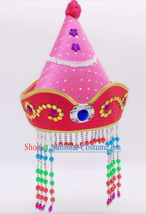 Traditional Chinese Mongol Nationality Princess Hair Accessories, Mongolian Minority Pink Hats for Kids