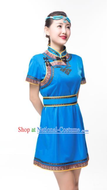 Traditional Chinese Mongol Nationality Costume Blue Dress, Mongolian Folk Dance Clothing for Women