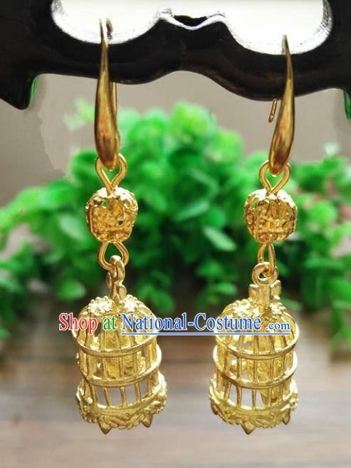 Top Grade Chinese Handmade Accessories Brass Birdcage Eardrop Hanfu Earrings for Women