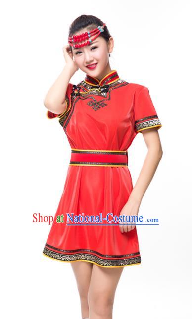 Traditional Chinese Mongol Nationality Costume Red Dress, Mongolian Folk Dance Clothing for Women