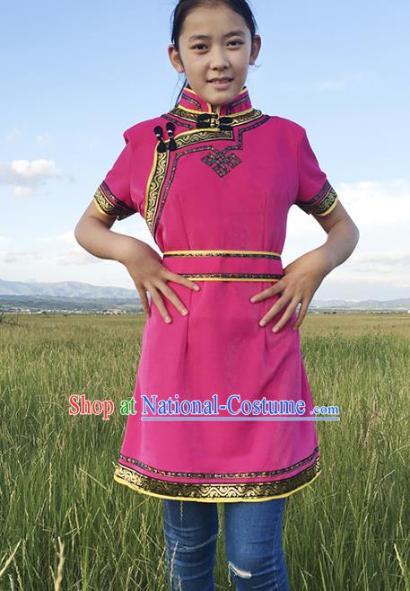 Traditional Chinese Mongol Nationality Costume Rosy Dress, Mongolian Folk Dance Clothing for Women