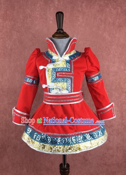 Traditional Chinese Mongol Nationality Costume Children Red Dress, Mongolian Folk Dance Clothing for Kids