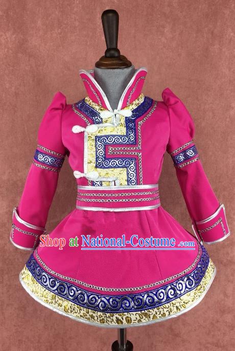 Traditional Chinese Mongol Nationality Costume Children Rosy Dress, Mongolian Folk Dance Clothing for Kids