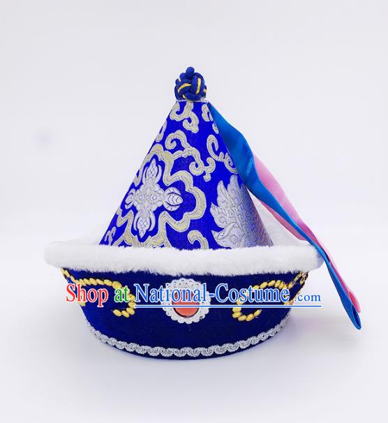 Traditional Chinese Mongol Nationality Prince Hat, Mongolian Minority Blue Hats for Kids